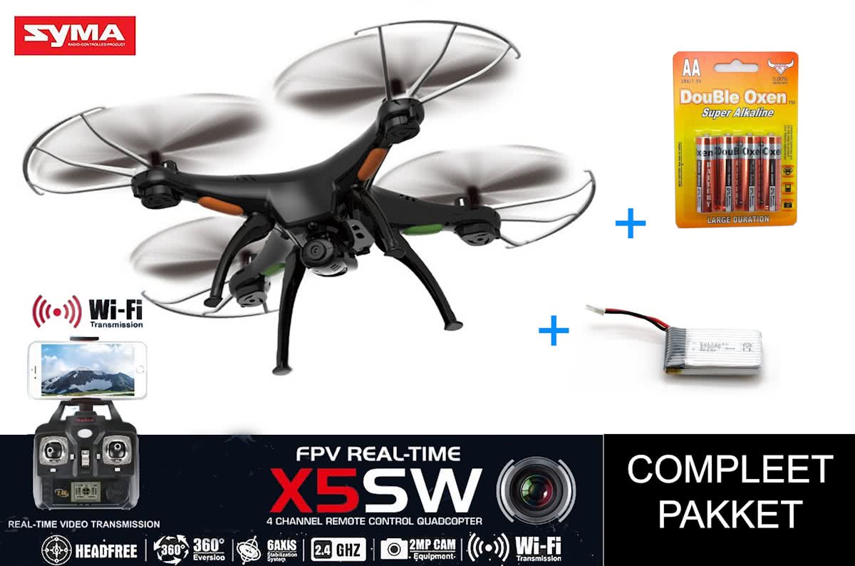 Syma X5SW Live Cam FPV Drone | 2.4ghz + Extra Accu pack + Extra AA pack |Black Edition